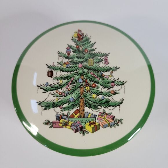 Green White Spode Christmas Tree Porcelain Round 5” Trinket Powder Box England - Picture 1 of 14